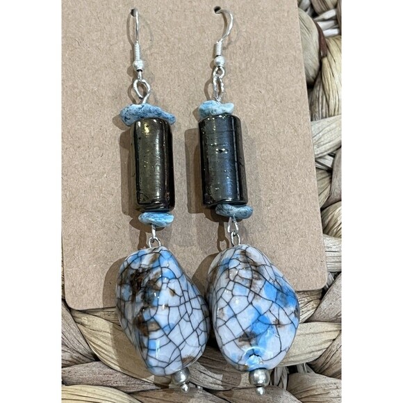 Hand Made Glass Beads & Turquoise Dangle Drop Earrings Boho Art To Wear Gypsy - Picture 4 of 7